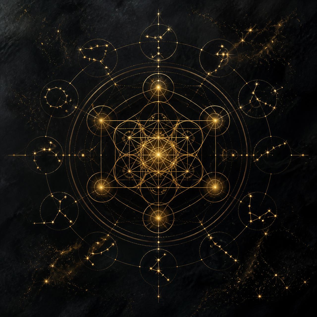 Gold sacred-geometry mandala with constellation and numerology motifs